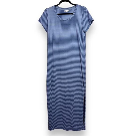 SUNDRY Sz L Maxi Dress Side Slit Navy Grey Stripes Short Sleeve Cotton Crewneck - Picture 1 of 11